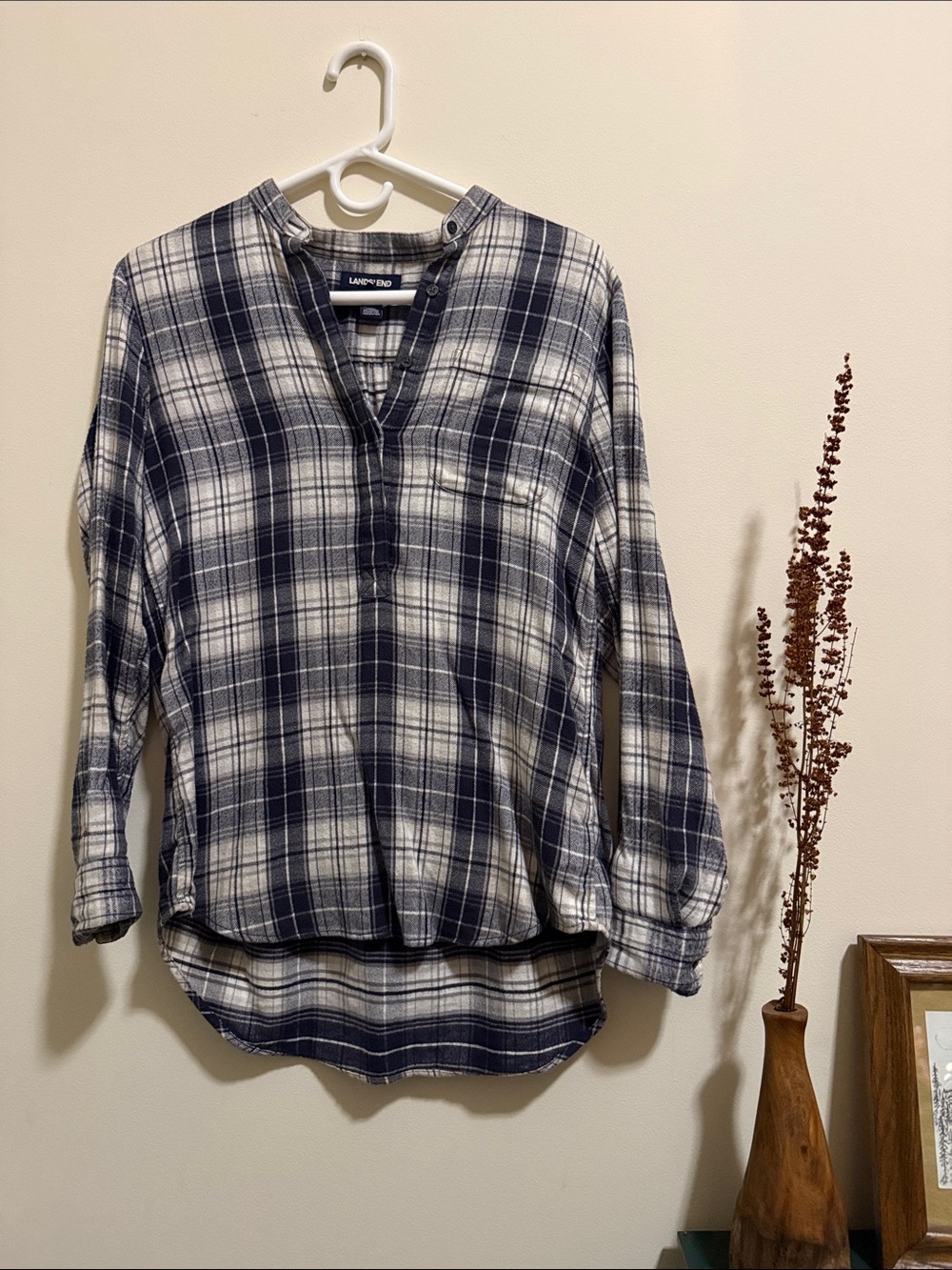 Lands' End Navy and White Plaid Henley Tunic